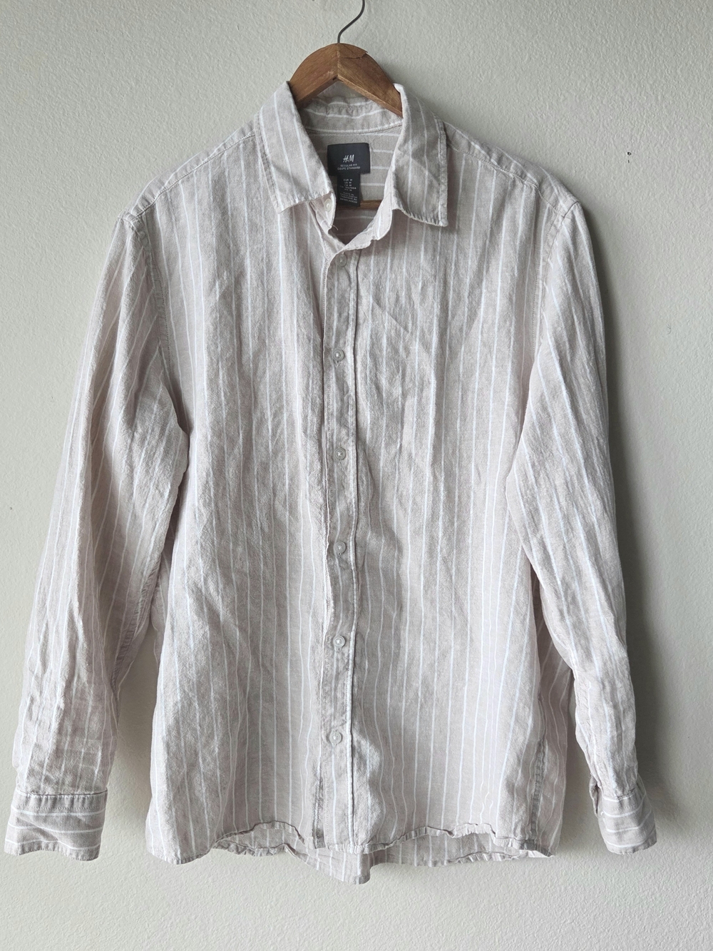H&M Men’s Tan & White Striped Linen/Cotton Button-Up Shirt - Medium